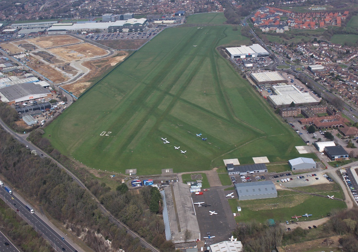 Rochester Airport's runway 02/20 from the south