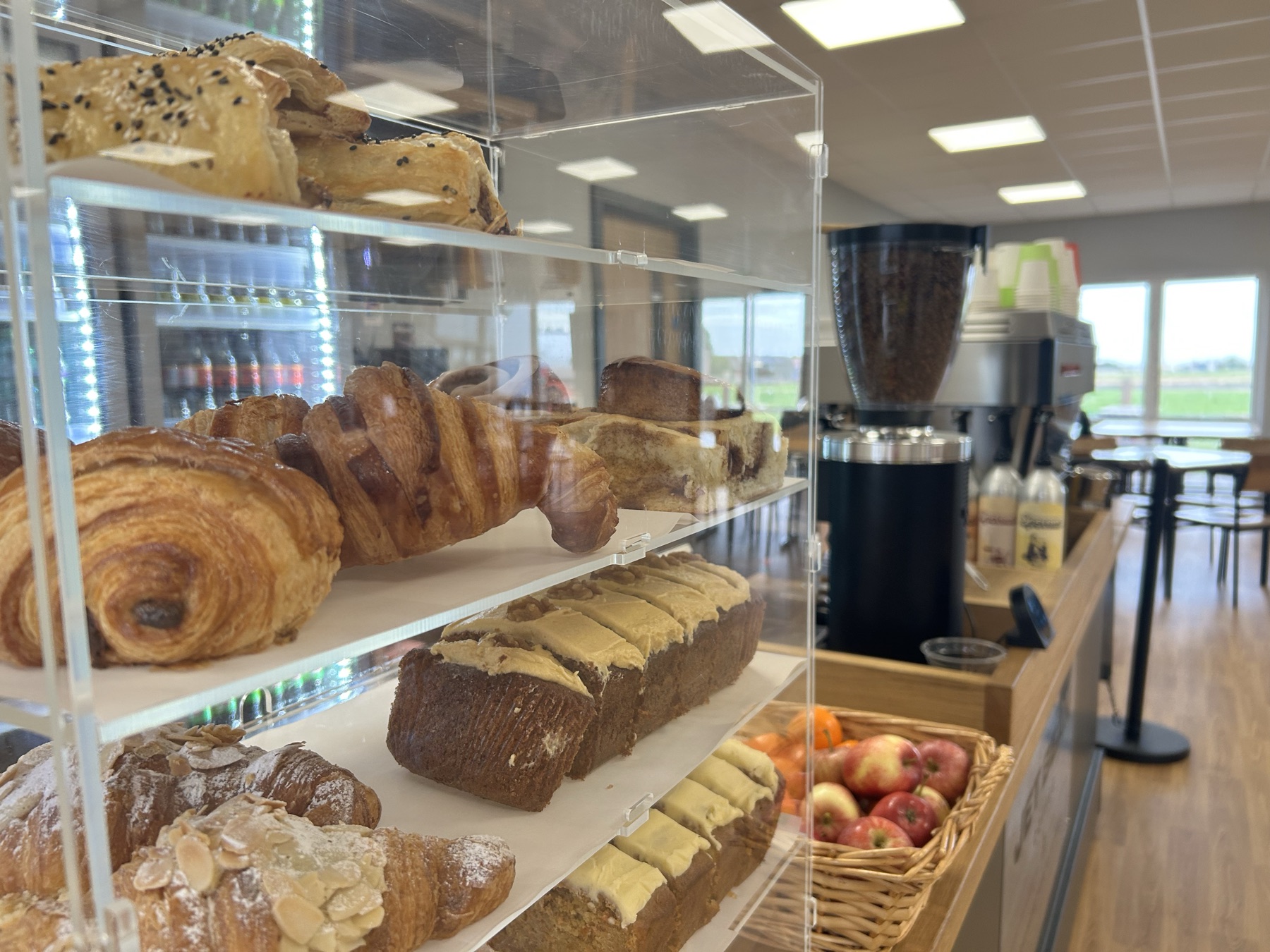 Croissants, pastries and cakes on the counter at Ground Control Coffee