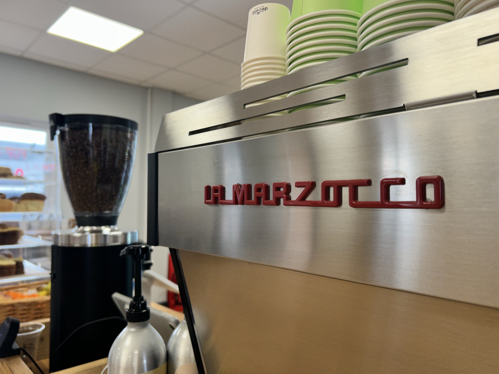 The espresso machine and grinder at Ground Control Coffee