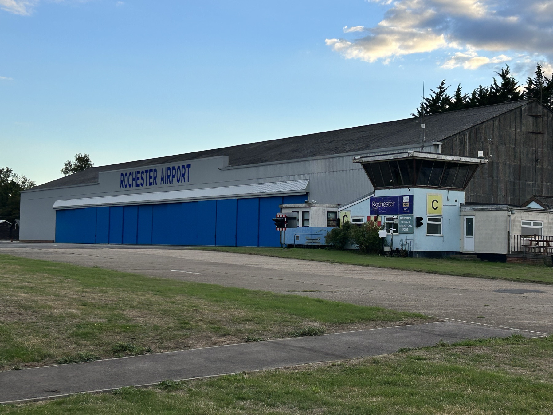 The main hangar and control tower at Rochester Airport