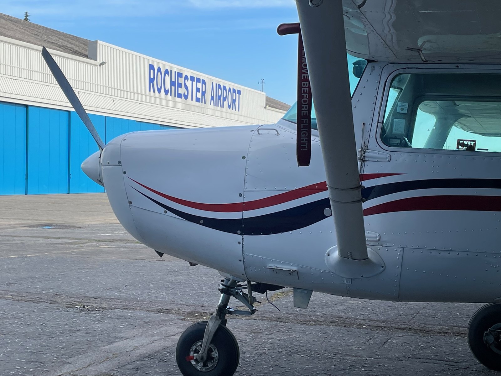 An Invicta Aero Club Cessna outside the Rochester Airport hangar